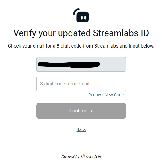 Screenshot of page to input verification code for Streamlabs ID